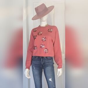 Boutique Brand, Pink Floral Embellished Crewneck Sweater, Size Small, New.